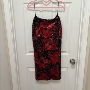 Dress the Population Red and Black Sequin Pencil Skirt